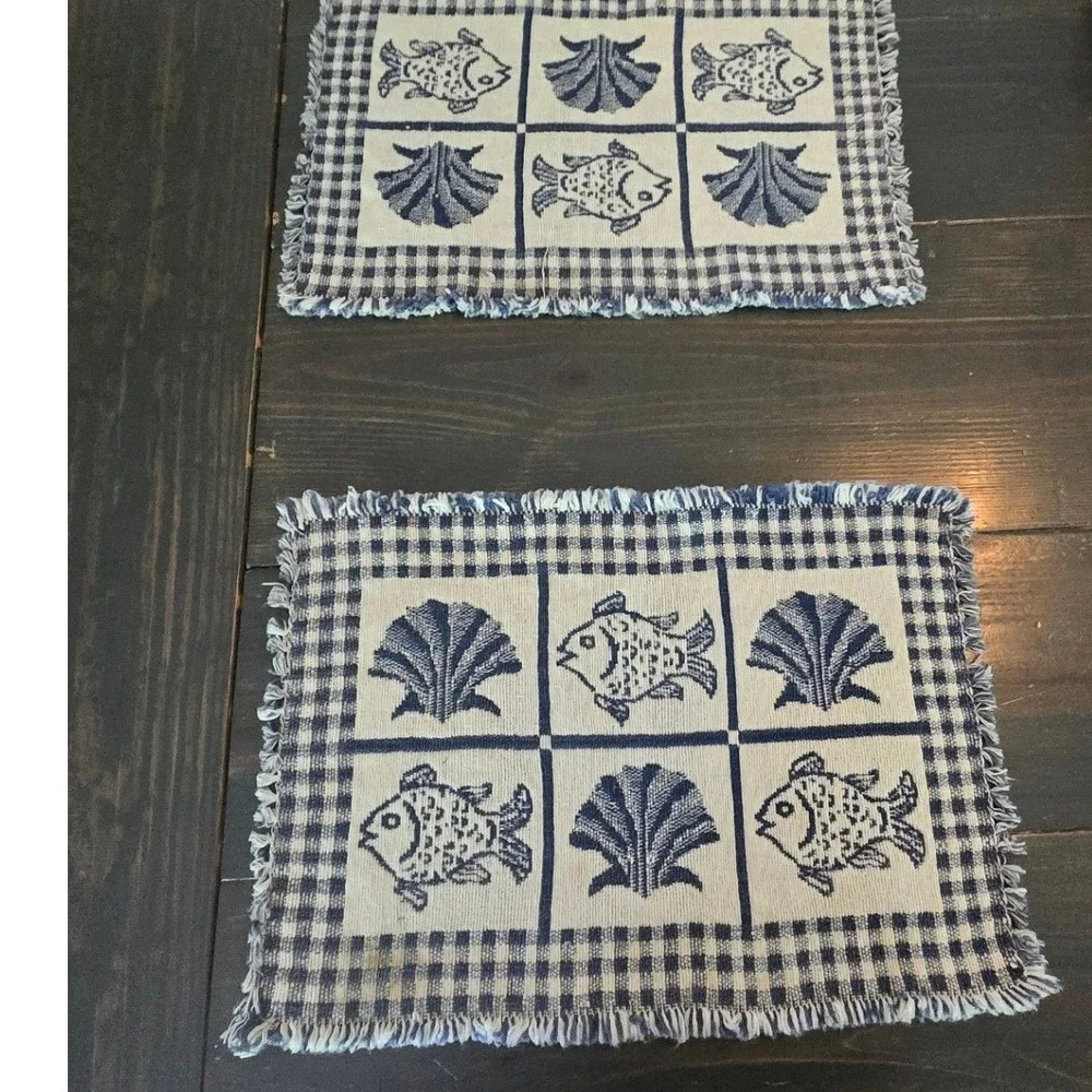 Vintage Coastal Navy Blue Woven Fish and Shell Placemats Set of 2 Fringed 12x17